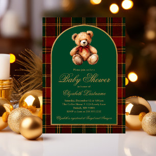 Classic Teddy Bear Tartan Plaid Preppy Baby Shower Invitation