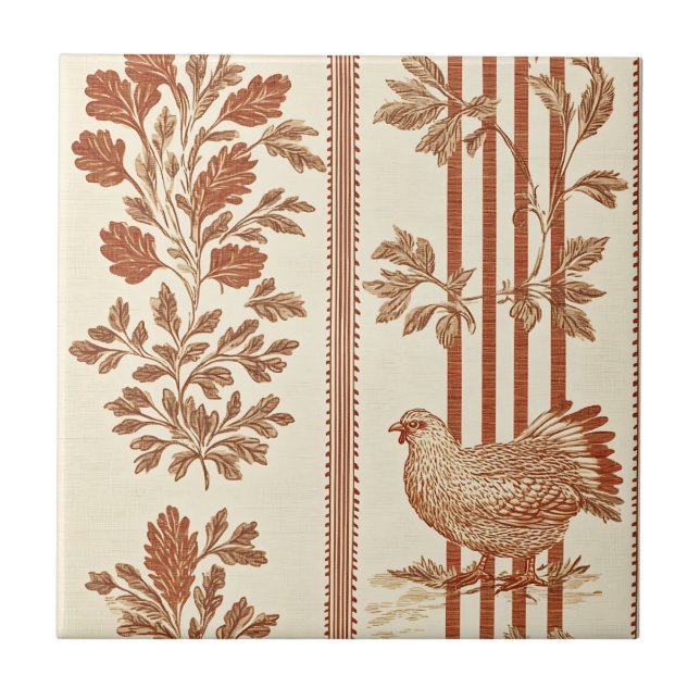 Classic Terracotta Barn Hen Toile Pattern Ceramic Tile (Front)