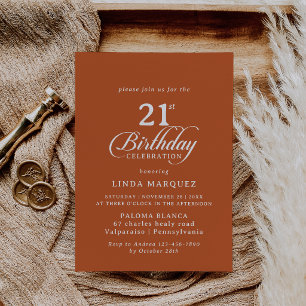 Classic Terracotta Calligraphy 21st Birthday Party Invitation