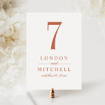 Classic Terracotta Wedding Table Number Card<br><div class="desc">A warm terracotta background and bold white serif typography create an earthy, modern wedding table number card. The couple's names and wedding date are displayed in an elegant typographic layout for a sophisticated monogram centerpiece. The couple's names, date, and table number are easy to personalise. Each table number must be...</div>