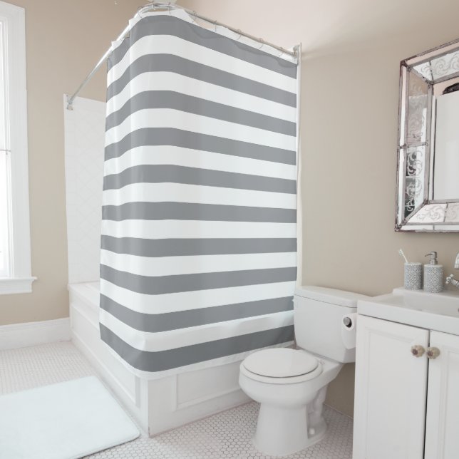 Classic Thick Cool Grey & White Horizontal Striped Shower Curtain (In Situ)
