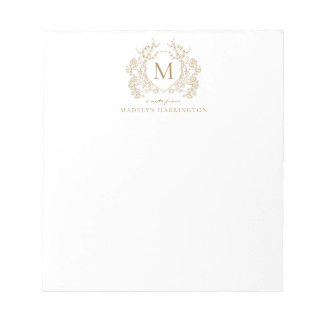 Classic Timeless Gold Floral Crest Monogram Notepad (Front)