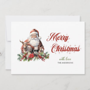 Classic timeless Santa Claus with Reindeer holly Holiday Card