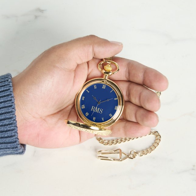 Classic Timepiece Navy Blue Gold Monogram Pocket Watch (Hand)