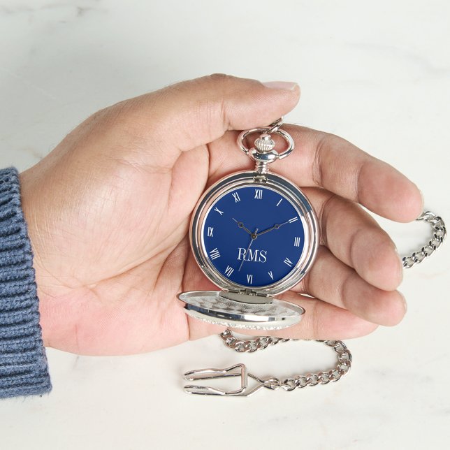 Classic Timepiece Navy Blue Silver Monogram Pocket Watch (Classic Timepiece Navy Blue Silver Monogram Pocket Watch)