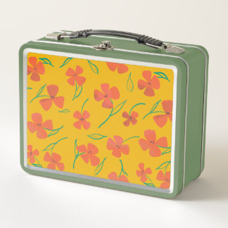 Classic Tin Lunchbox with Bright Red-Orange Flower