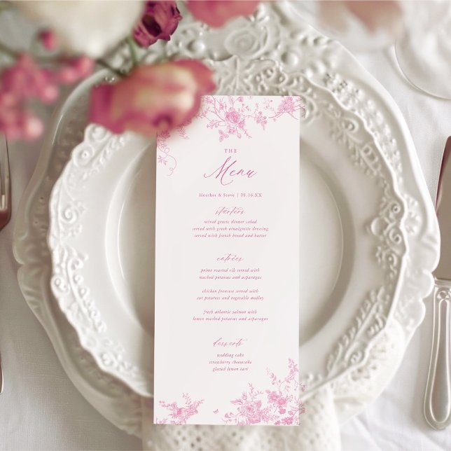 Classic Toile Pink Floral Wedding Table Menu (Creator Uploaded)