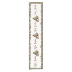 Classic tradition green and gold Christmas tree Short Table Runner