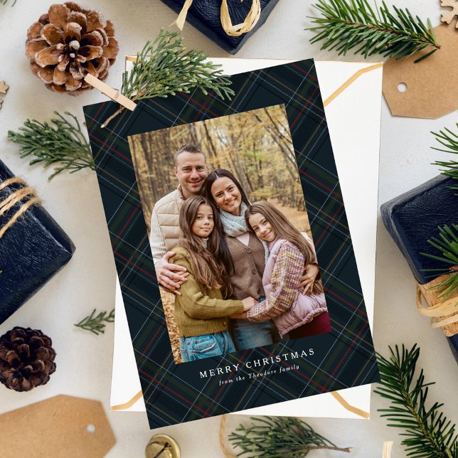 Classic traditional navy plaid two photo Christmas Holiday Card (Creator Uploaded)