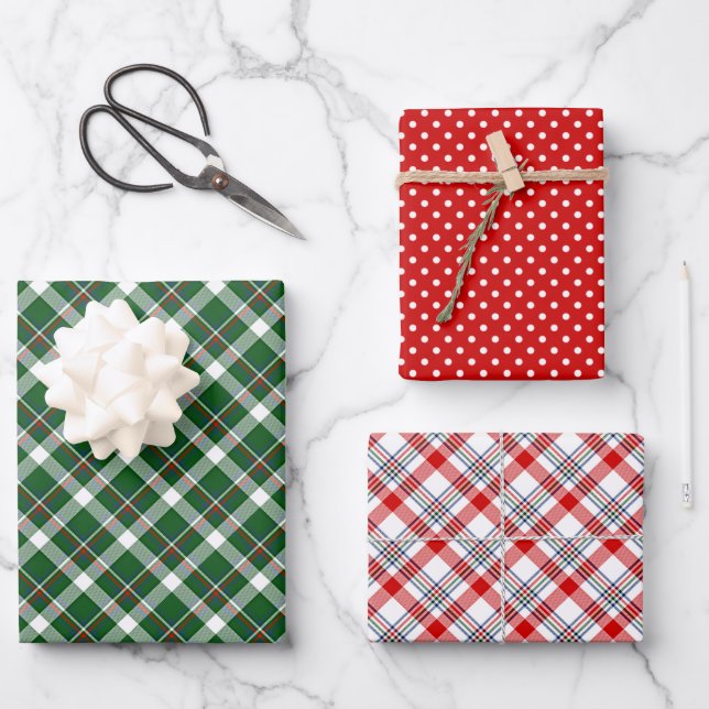 Classic Traditional Red Green Blue White Gingham Wrapping Paper Sheet (Front)
