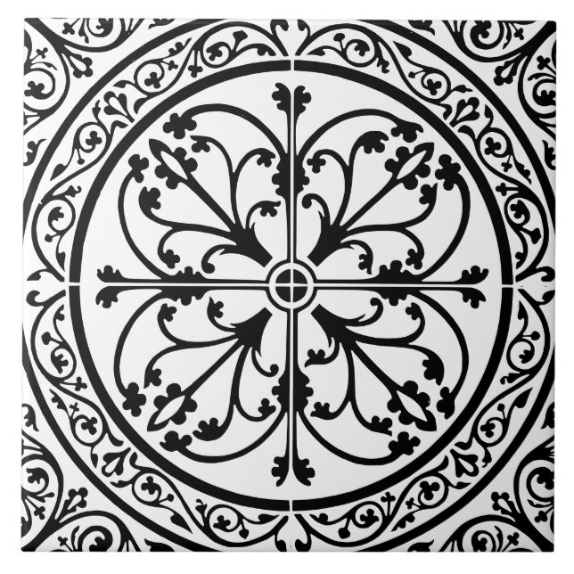 Classic Traditional Stylish Abstract Black & White Ceramic Tile (Front)