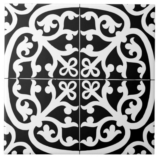 Classic Traditional Stylish Abstract Black & White Ceramic Tile (tile)