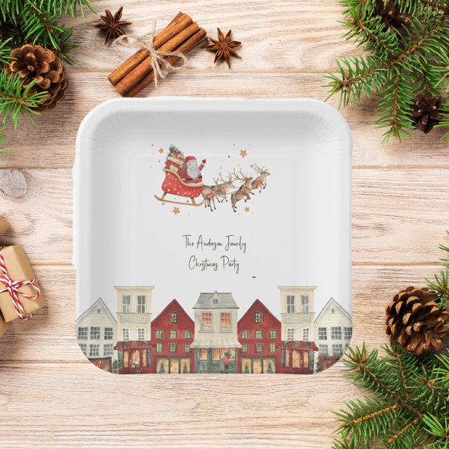 Classic traditional watercolor family christmas  paper plate (Festive santa and sligh family party paper plates )