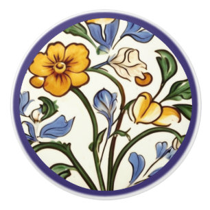 Classic Traditional Yellow Flower Blue Floral Ceramic Knob