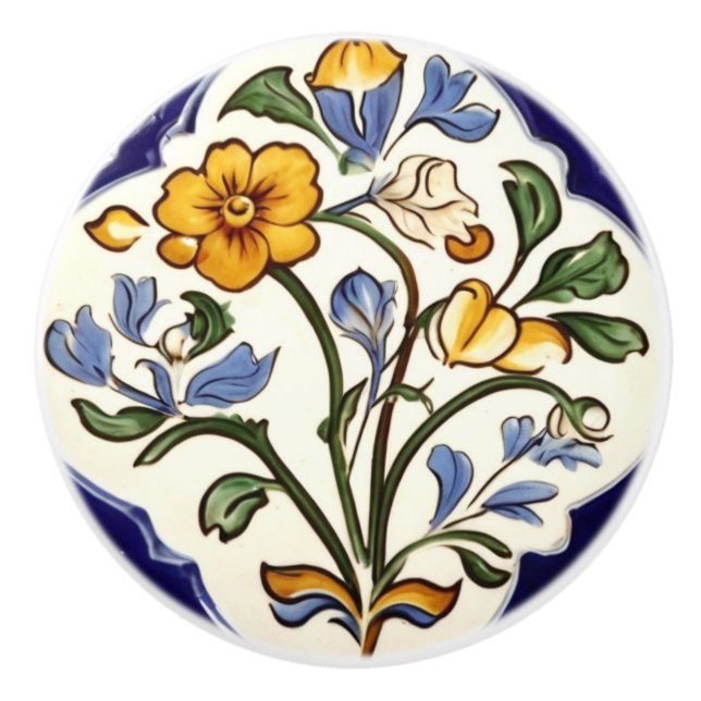 Classic Traditional Yellow Flower Blue Floral Ceramic Knob (Front)