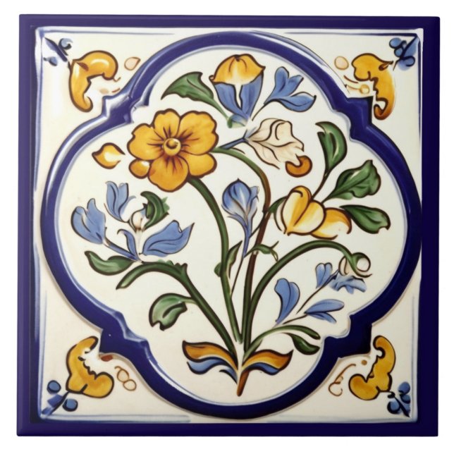 Classic Traditional Yellow Flower Blue Floral Ceramic Tile (Front)