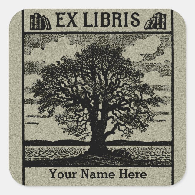 Classic Tree with Books Ex Libris Bookplate- Green Square Sticker (Front)