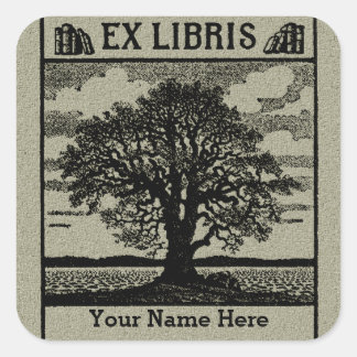 Classic Tree with Books Ex Libris Bookplate- Green Square Sticker