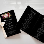 Classic Tropical Black and Burgundy Folded Wedding Program<br><div class="desc">This classic tropical black and burgundy folded wedding program is perfect for a rustic wedding. The artistic bordo marsala design features watercolor, green, pink, burgundy and blush roses assorted with greenery neatly arranged in a graceful and radiant flower bouquet. Include a quote or short message, order of service, wedding party...</div>