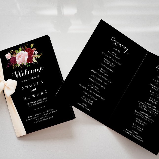 Classic Tropical Black and Burgundy Folded Wedding Program (Creator Uploaded)