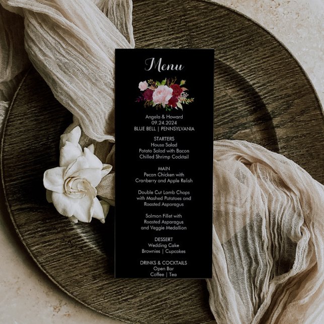 Classic Tropical Black Burgundy Dinner Menu Card (Creator Uploaded)