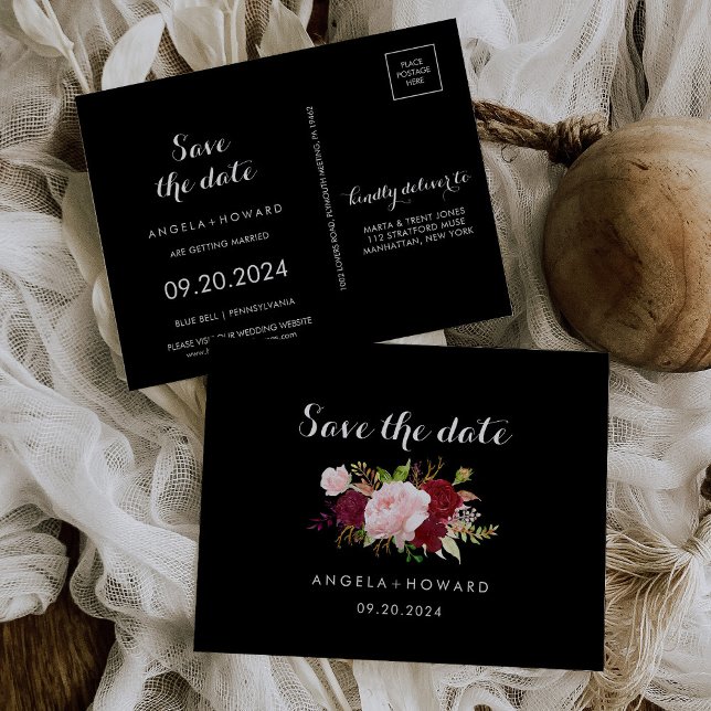 Classic Tropical Black Burgundy Save the Date Card (Creator Uploaded)