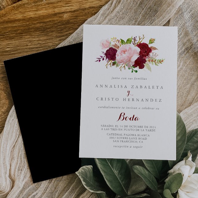 Classic Tropical Black Burgundy Spanish Wedding Invitation (Creator Uploaded)