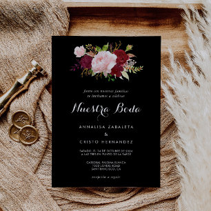 Classic Tropical Black Burgundy Spanish Wedding Invitation