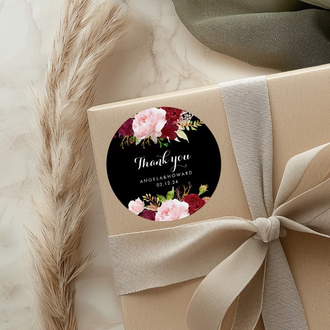 Classic Tropical Black Burgundy Thank You Favour Classic Round Sticker (Creator Uploaded)