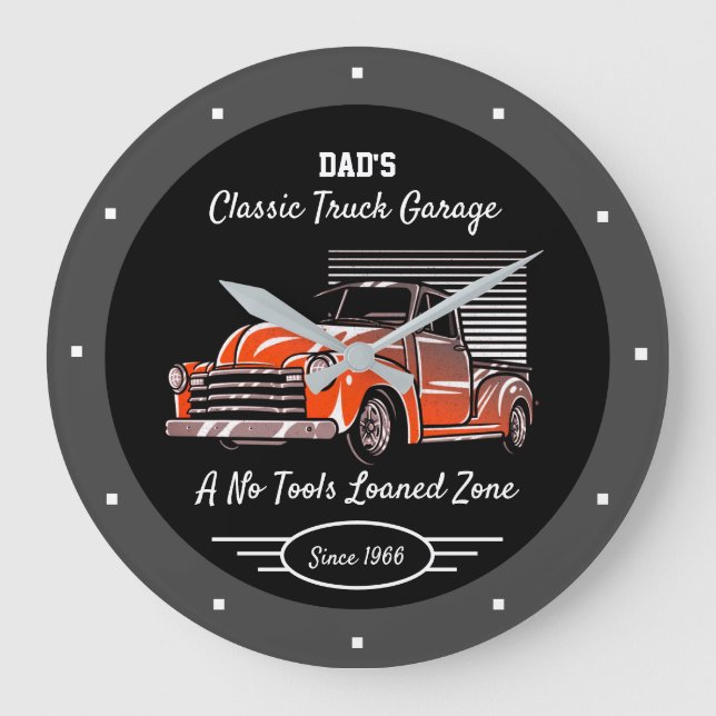Classic Truck Garage Dad's Any Name Chevy Black   Large Clock (Front)