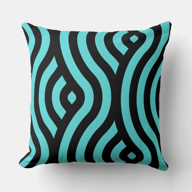 Classic Turquoise and Black Striped Wave Pattern Cushion (Front)