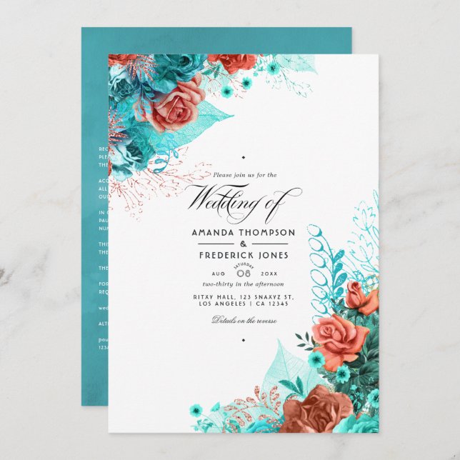 Classic Turquoise and Coral Floral Wedding Invitation (Front/Back)
