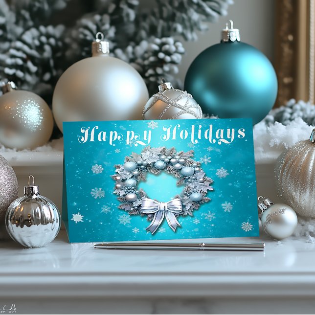 Classic Turquoise Blue & Silver Wreath Christmas Foil Holiday Card (Winter Blue  and Silver Wreath Happy Holiday Christmas Card )