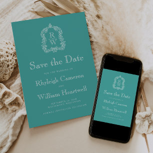 Classic Turquoise Monogram Crest Save The Date