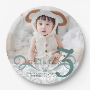 Classic turquoise photo birthday party paper plate