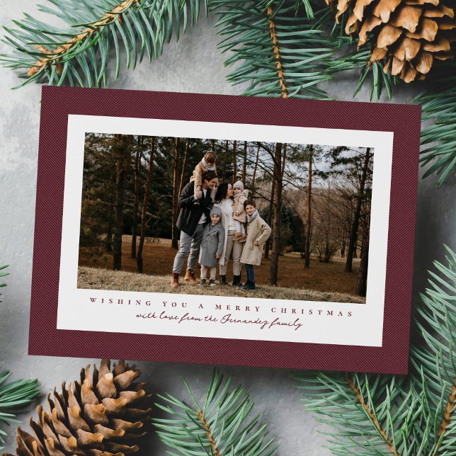 Classic tweed frame simple maroon Christmas photo Holiday Card (Creator Uploaded)