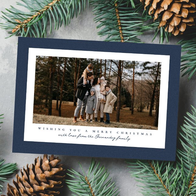 Classic tweed frame simple navy photo Christmas Holiday Card (Creator Uploaded)