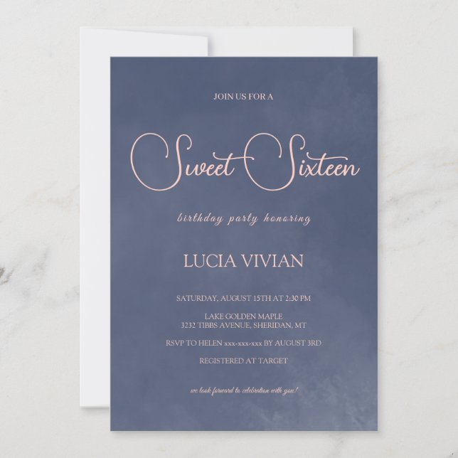 Classic Typography Navy Blue Smoke Sweet 16 Invitation (Front)