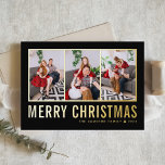 Classic Typography Photo Collage Black Christmas Foil Holiday Card<br><div class="desc">Merry Christmas! Send your warm wishes this season with this customisable Christmas photo collage card. It features simple typography. Personalise by adding three photos,  names,  year and other details. This modern gold foil Christmas card is available in other colours and cardstock.</div>