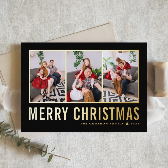 Classic Typography Photo Collage Black Christmas Foil Holiday Card (Creator Uploaded)