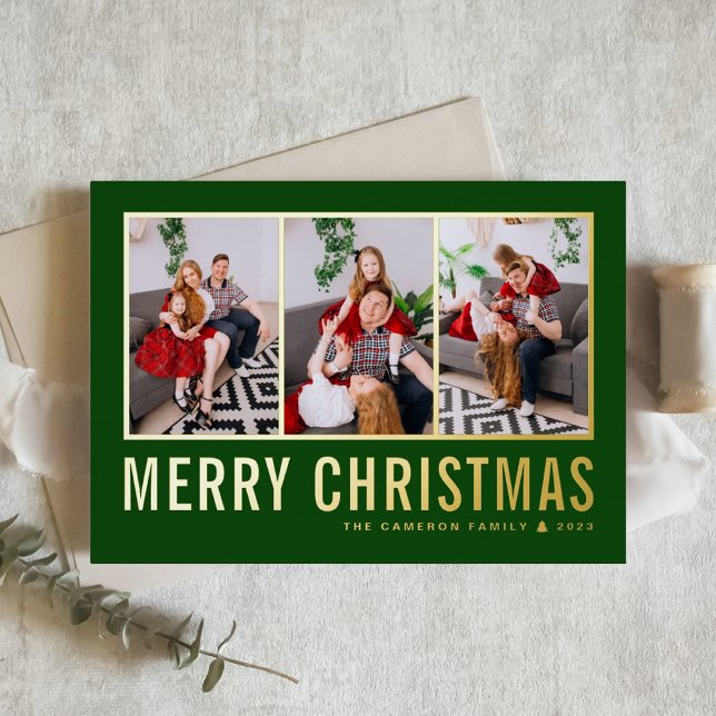Classic Typography Photo Collage Green Christmas Foil Holiday Card (Creator Uploaded)