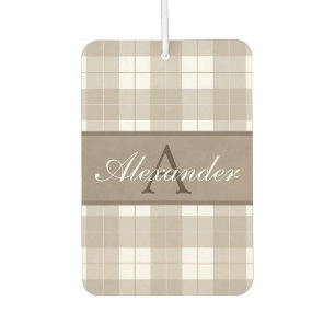 * Classic Umber Brown Plaid and Mottled Name Band Car Air Freshener