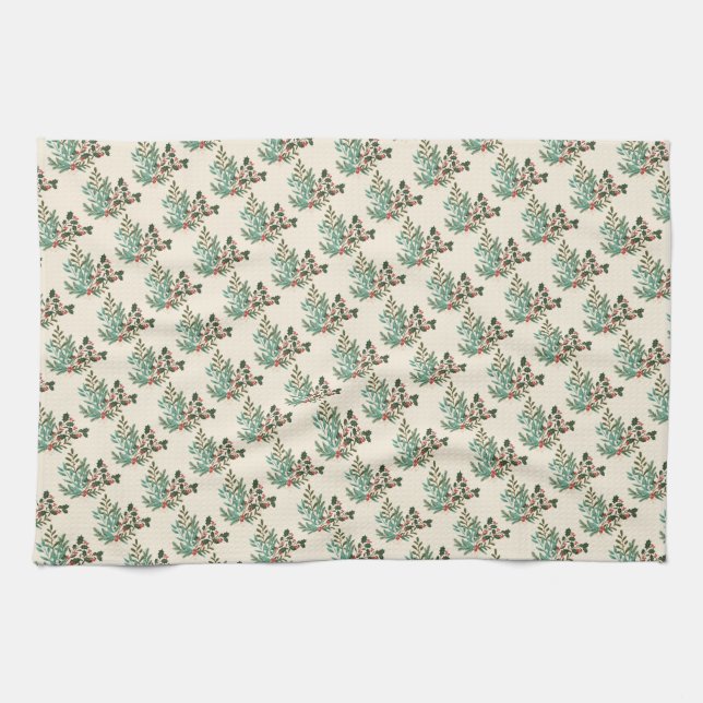 Classic Unique Green Botanical Holiday Christmas Tea Towel (Horizontal)