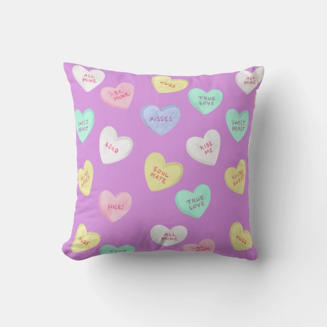 Classic Valentine's Candy Hearts on Purple Cushion (Front)