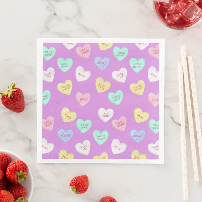 Classic Valentine's Candy Hearts on Purple Napkin (Insitu)