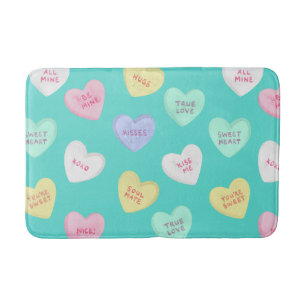 Classic Valentine's Candy Hearts on Teal Bath Mat