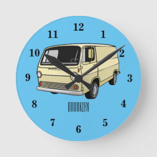 Classic van cartoon illustration round clock