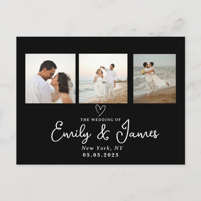 Classic Vertical Script Photo Strip Wedding  Announcement Postcard (Front)