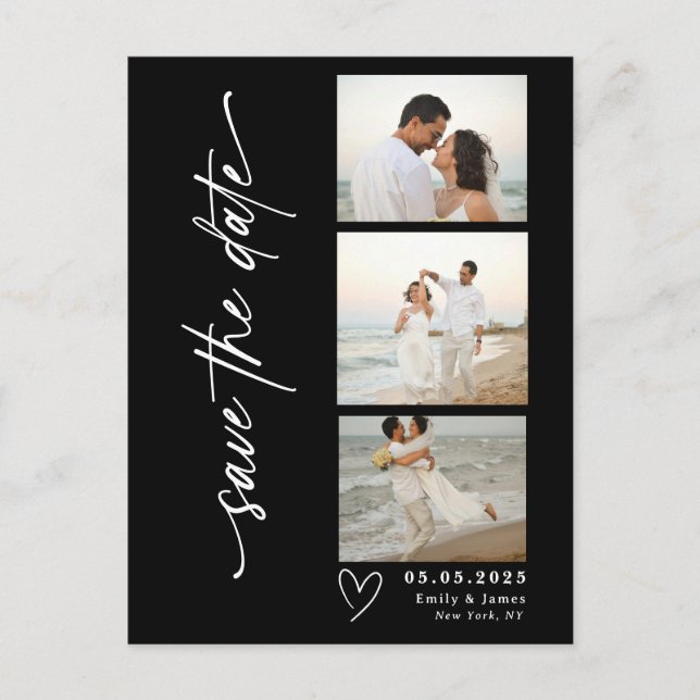 Classic Vertical Script Photo Strip Wedding  Announcement Postcard (Front)