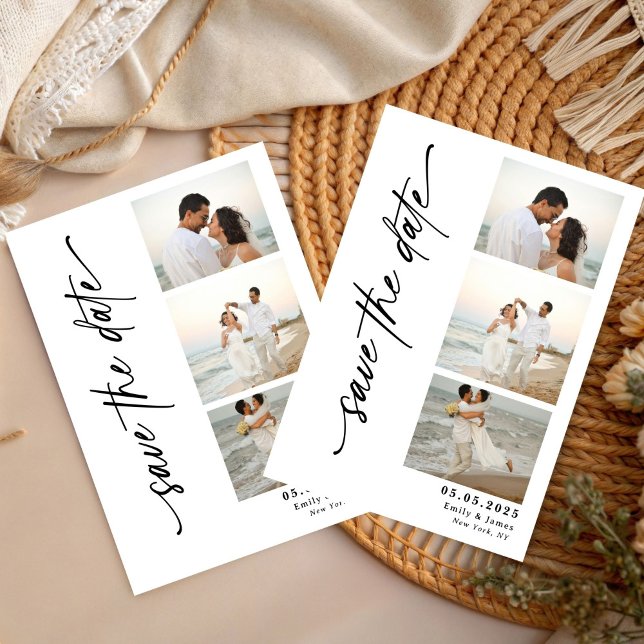 Classic Vertical Script Photo Strip Wedding  Save The Date (Creator Uploaded)